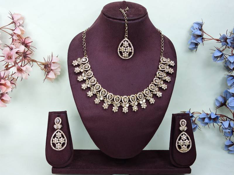Gold yellow gold premium designer american diamond and stone work necklace set