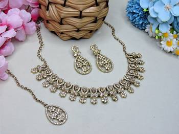 Gold yellow gold premium designer american diamond and stone work necklace set 2