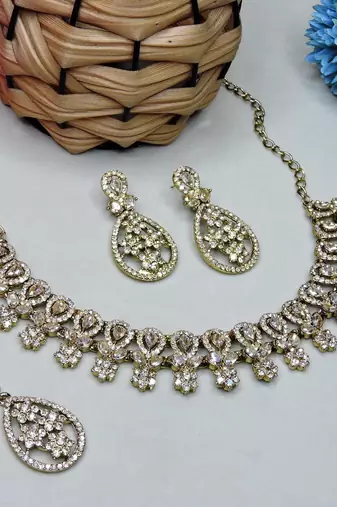 Gold yellow gold premium designer american diamond and stone work necklace set