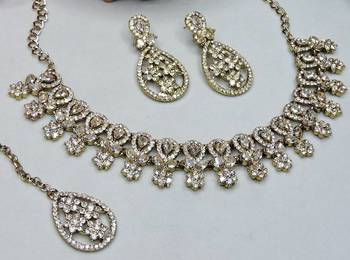 Gold yellow gold premium designer american diamond and stone work necklace set 3