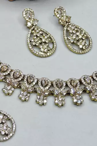Gold yellow gold premium designer american diamond and stone work necklace set