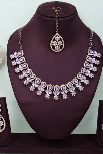 Purple yellow gold premium designer american diamond and stone work necklace set