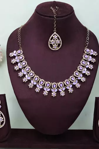 Purple yellow gold premium designer american diamond and stone work necklace set