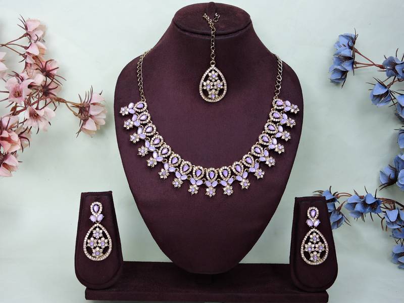 Purple yellow gold premium designer american diamond and stone work necklace set