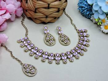 Purple yellow gold premium designer american diamond and stone work necklace set 2