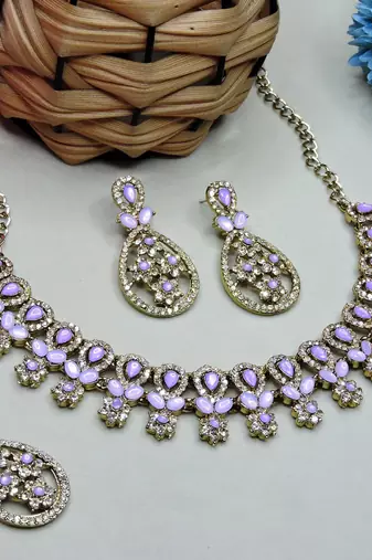 Purple yellow gold premium designer american diamond and stone work necklace set