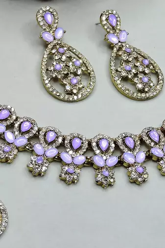 Purple yellow gold premium designer american diamond and stone work necklace set
