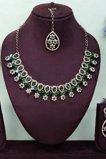 Green yellow gold premium designer american diamond and stone work necklace set