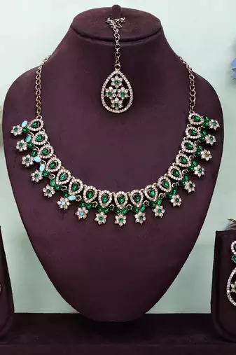 Green yellow gold premium designer american diamond and stone work necklace set