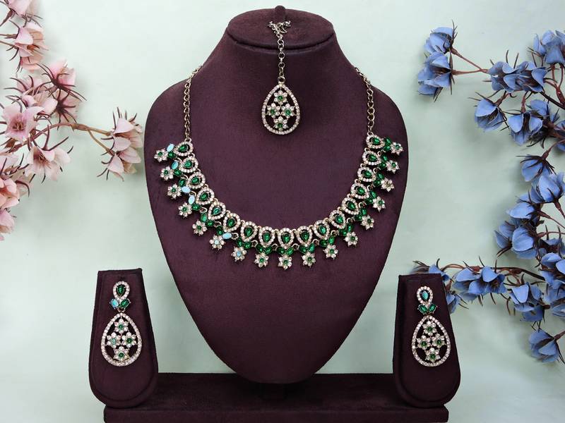 Green yellow gold premium designer american diamond and stone work necklace set