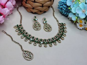 Green yellow gold premium designer american diamond and stone work necklace set 2