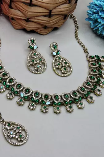 Green yellow gold premium designer american diamond and stone work necklace set