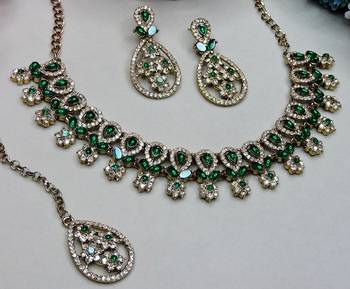 Green yellow gold premium designer american diamond and stone work necklace set 3