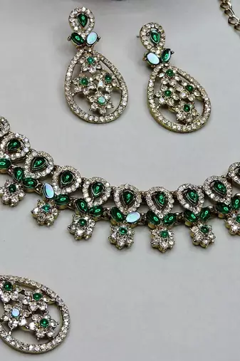 Green yellow gold premium designer american diamond and stone work necklace set