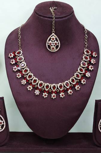 Maroon yellow gold premium designer american diamond and stone work necklace set