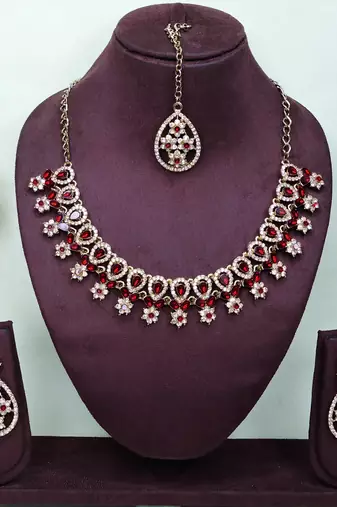 Maroon yellow gold premium designer american diamond and stone work necklace set