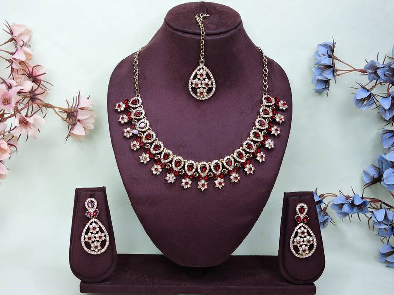 Maroon yellow gold premium designer american diamond and stone work necklace set