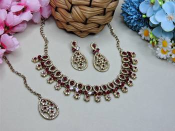 Maroon yellow gold premium designer american diamond and stone work necklace set 2