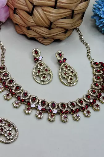 Maroon yellow gold premium designer american diamond and stone work necklace set