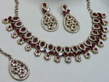 Maroon yellow gold premium designer american diamond and stone work necklace set 3