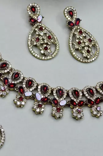 Maroon yellow gold premium designer american diamond and stone work necklace set