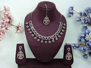 Blue yellow gold premium designer american diamond and stone work necklace set 1