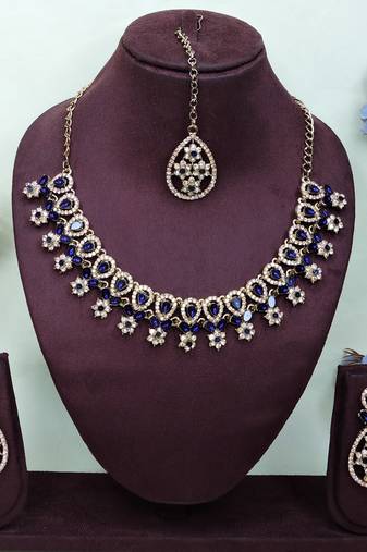 Blue yellow gold premium designer american diamond and stone work necklace set