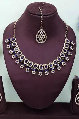 Blue yellow gold premium designer american diamond and stone work necklace set