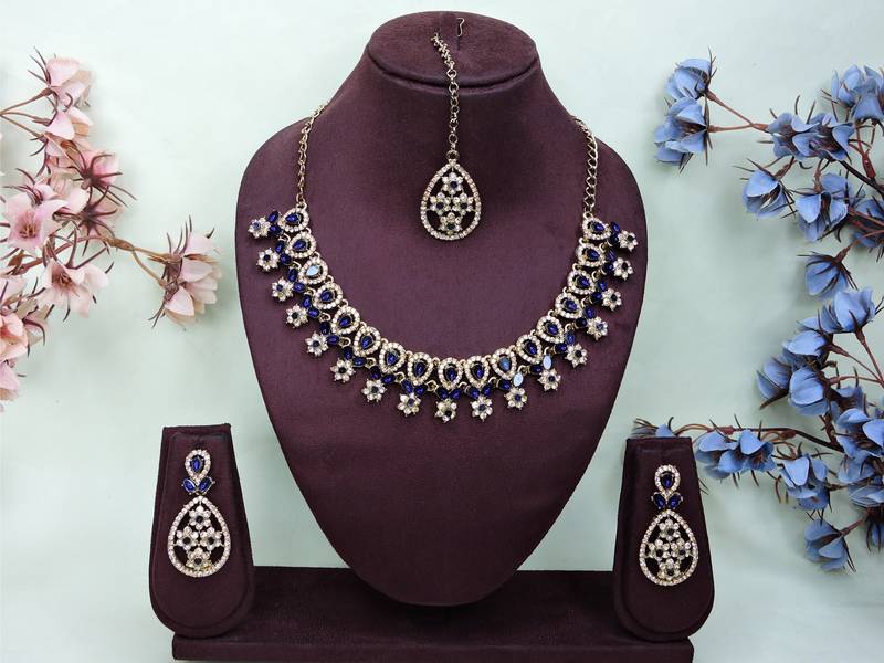 Blue yellow gold premium designer american diamond and stone work necklace set