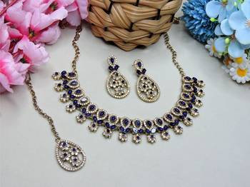 Blue yellow gold premium designer american diamond and stone work necklace set 2