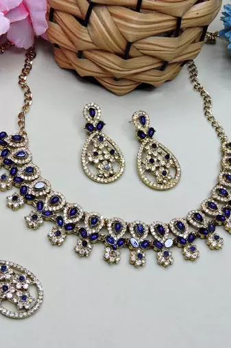 Blue yellow gold premium designer american diamond and stone work necklace set