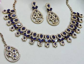 Blue yellow gold premium designer american diamond and stone work necklace set 3