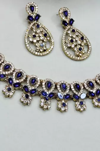 Blue yellow gold premium designer american diamond and stone work necklace set