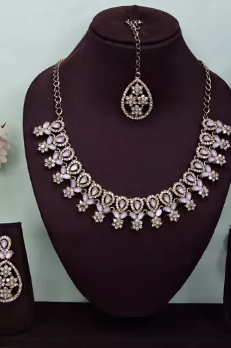 white yellow gold premium designer american diamond and stone work necklace set