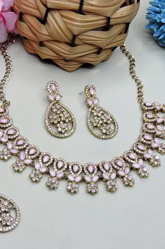 white yellow gold premium designer american diamond and stone work necklace set