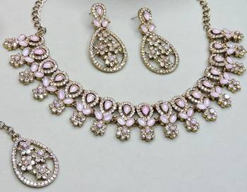white yellow gold premium designer american diamond and stone work necklace set 3