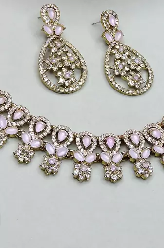 white yellow gold premium designer american diamond and stone work necklace set