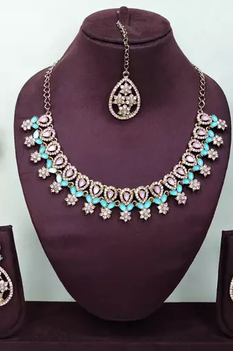 Green yellow gold premium designer american diamond and stone work necklace set