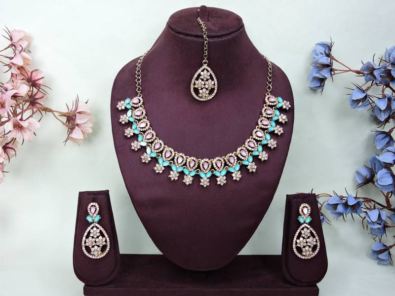 Green yellow gold premium designer american diamond and stone work necklace set