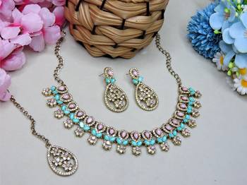 Green yellow gold premium designer american diamond and stone work necklace set 2