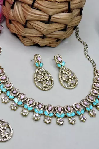 Green yellow gold premium designer american diamond and stone work necklace set