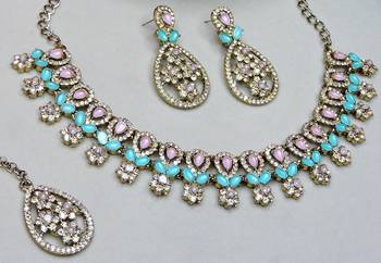 Green yellow gold premium designer american diamond and stone work necklace set 3