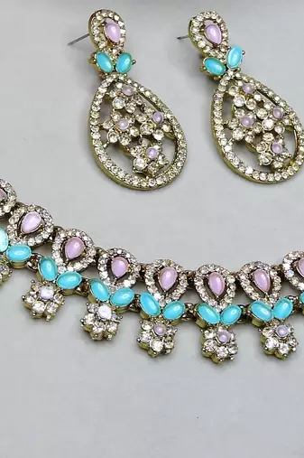 Green yellow gold premium designer american diamond and stone work necklace set