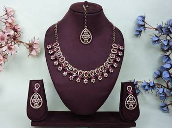 Purple yellow gold premium designer american diamond and stone work necklace set 1