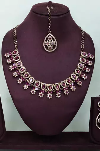 Purple yellow gold premium designer american diamond and stone work necklace set