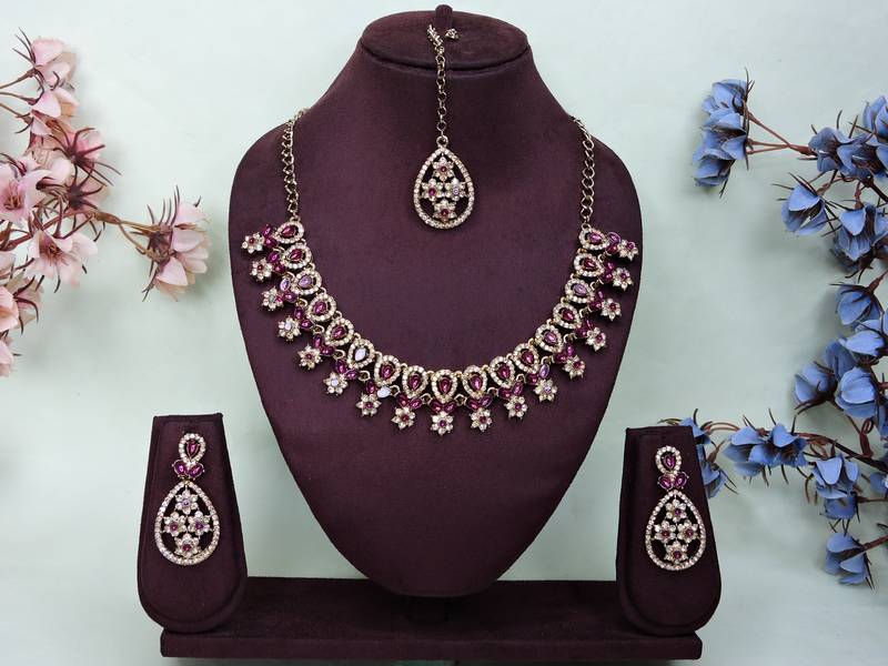 Purple yellow gold premium designer american diamond and stone work necklace set