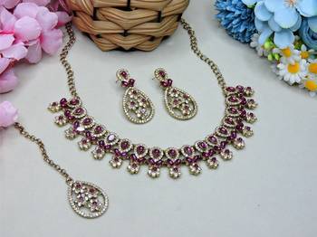Purple yellow gold premium designer american diamond and stone work necklace set 2