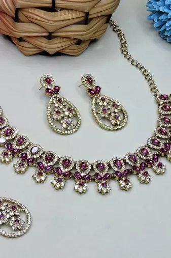 Purple yellow gold premium designer american diamond and stone work necklace set