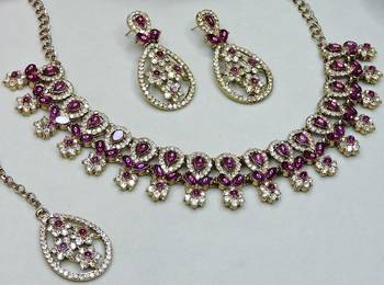 Purple yellow gold premium designer american diamond and stone work necklace set 3