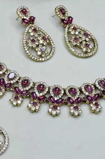 Purple yellow gold premium designer american diamond and stone work necklace set